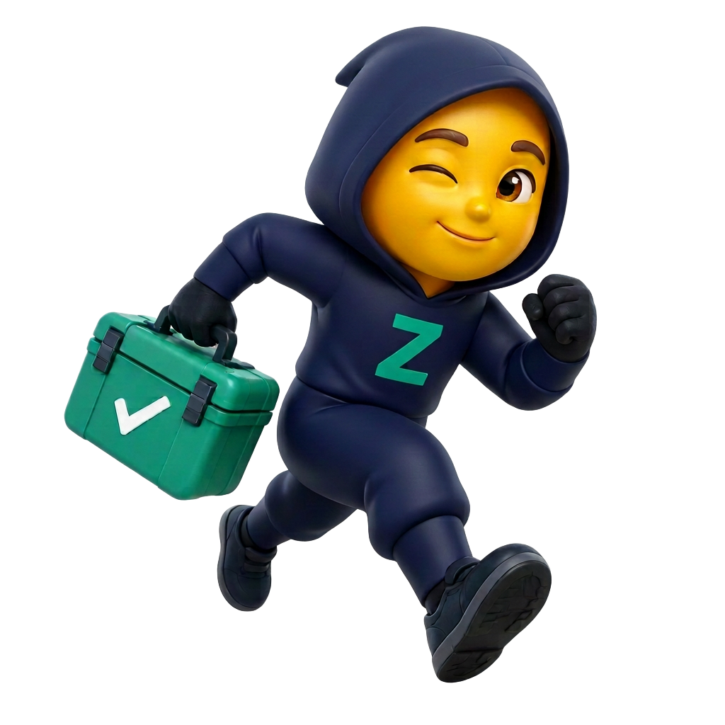 Mascote ninja ZUPPO correndo com sua maleta de serviços